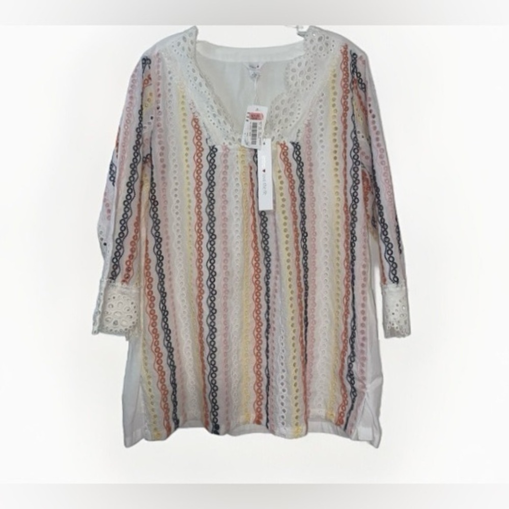 Intro Women’s Large Eyelet Colorful Embroidered Lace Blouse Short Sleeve New